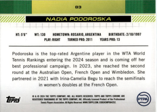 2024 Topps Chrome Tennis #83 Nadia Podoroska