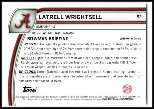 2024-25 Bowman University Chrome Purple Lava #51 Latrell Wrightsell Jr. Tide