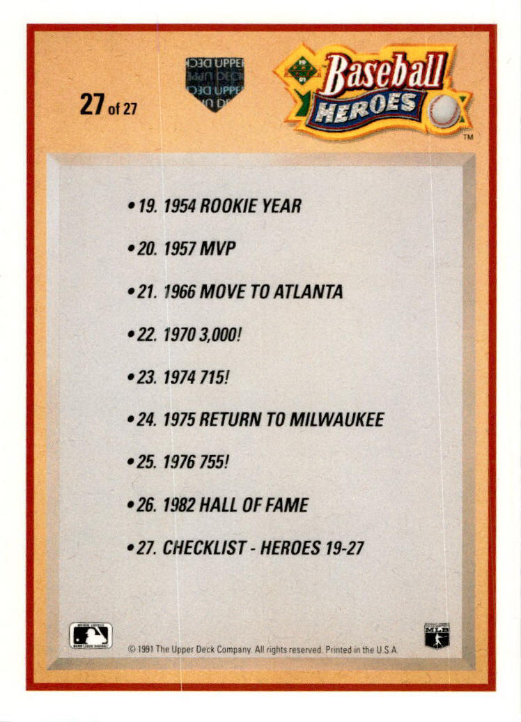 1991 Upper Deck Baseball Heroes: Hank Aaron #27 Hank Aaron Atlanta Braves