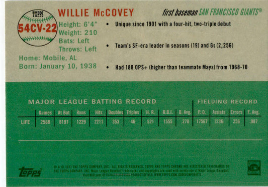2023 Topps Chrome Platinum Anniversary #54CV-22 Willie McCovey San Francisco