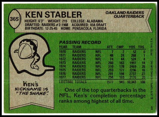 1978 Topps #365 Ken Stabler Oakland Raiders
