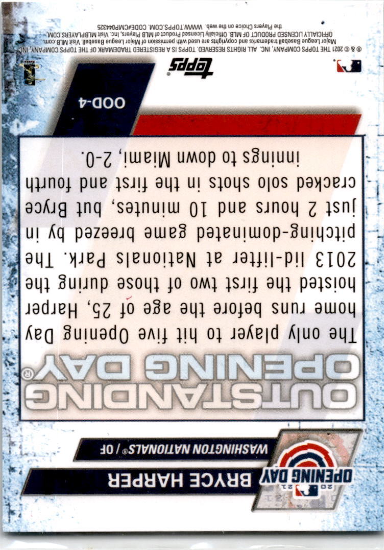 2021 Topps Opening Day Oustanding #OOD-4 Bryce Harper Washington Nationals