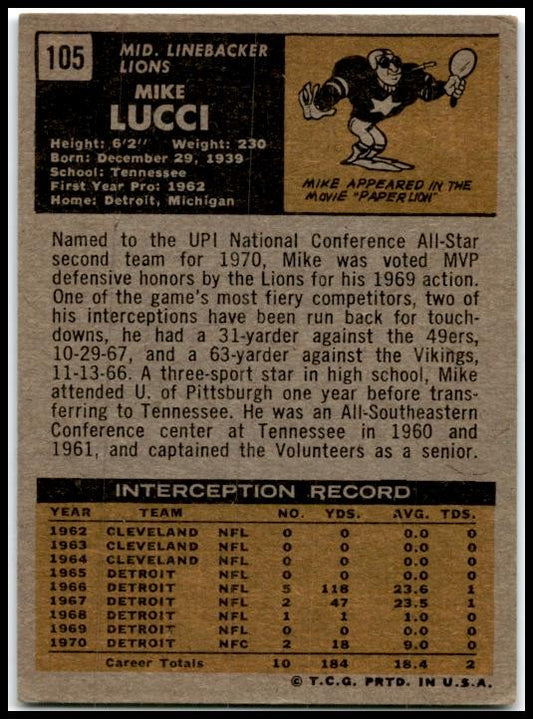 1971 Topps #105 Mike Lucci Detroit Lions