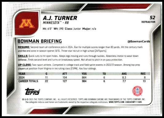 2025 Bowman Chrome University Refractor #52 A.J. Turner Minnesota