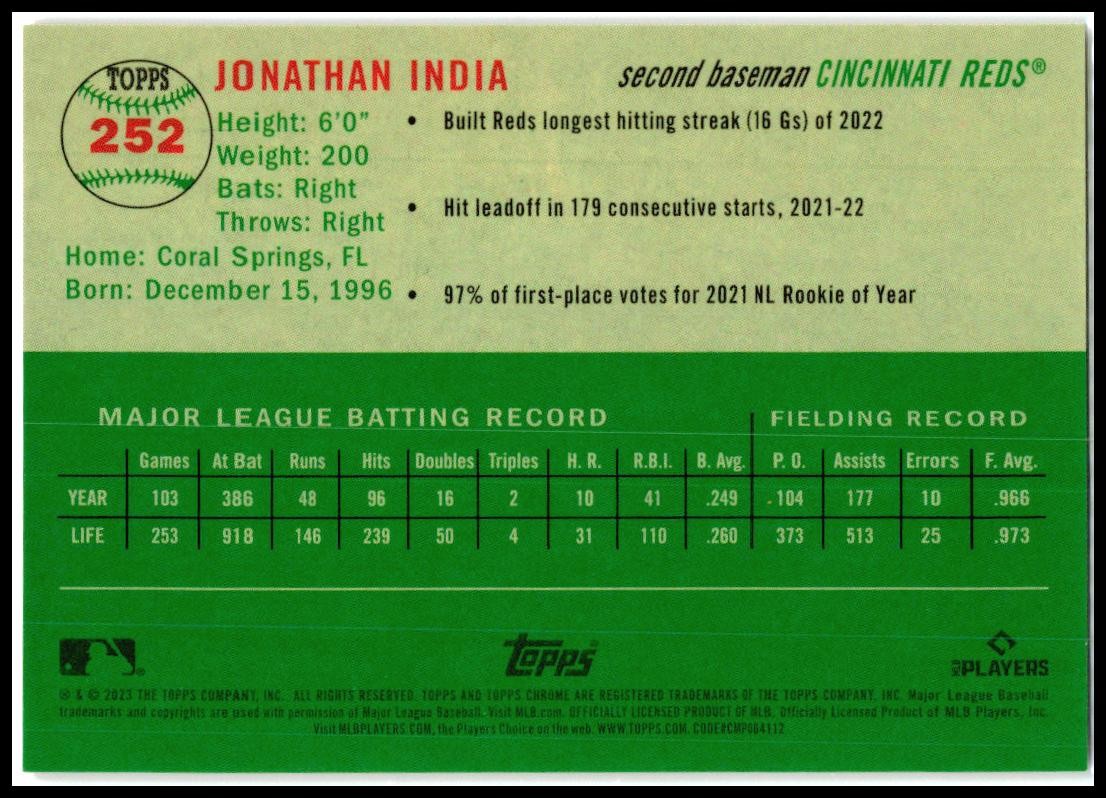 2023 Topps Chrome Platinum Anniversary Red Refractor #252 Jonathan India Reds