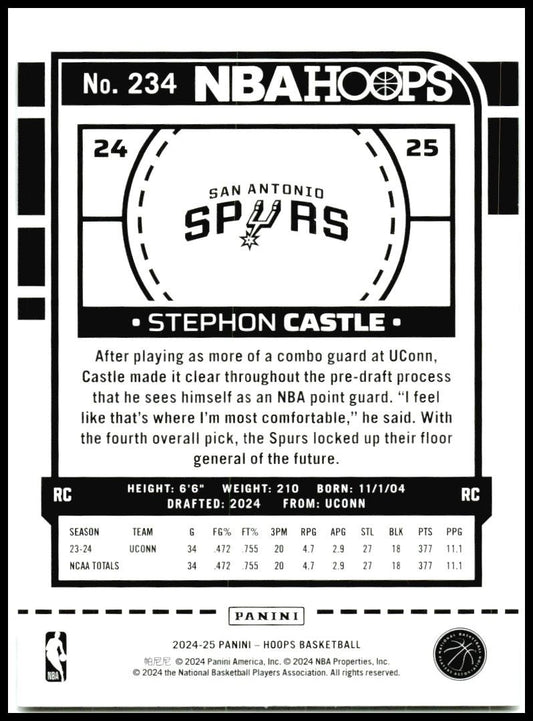 2024-25 Hoops #234 Stephon Castle Rookie San Antonio Spurs