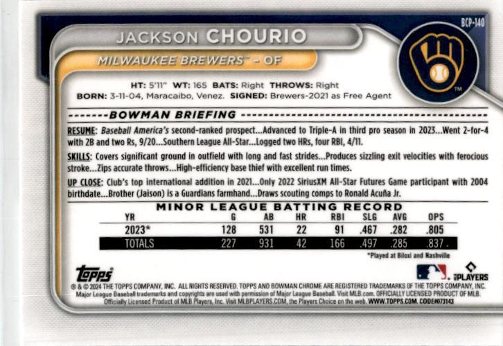 2024 Bowman Chrome Prospects #BCP-140 Jackson Chourio Milwaukee Brewers