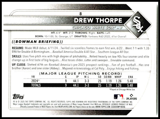 2025 Bowman #8 Drew Thorpe Rookie Chicago White Sox
