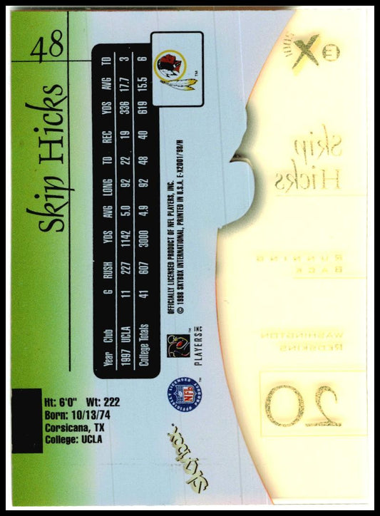 1998 SkyBox E-X2001 #48 Skip Hicks Rookie Washington Redskins