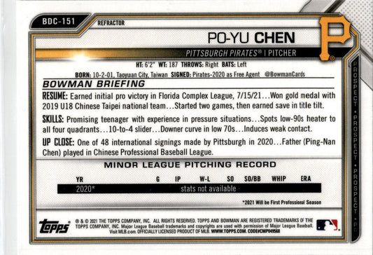 2021 Bowman Draft 1st Edition Refactor #BD-151 Po-Yu Chen Pittsburgh Pirates