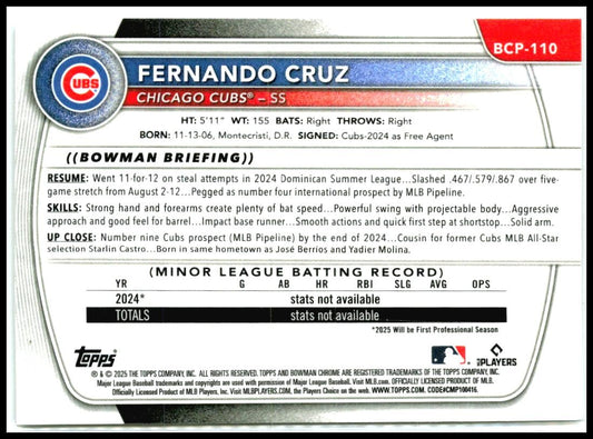 2025 Bowman Chrome Prospects #BCP-110 Fernando Cruz Chicago Cubs