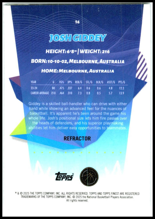 2024-25 Finest Refractor #16 Josh Giddey Chicago Bulls