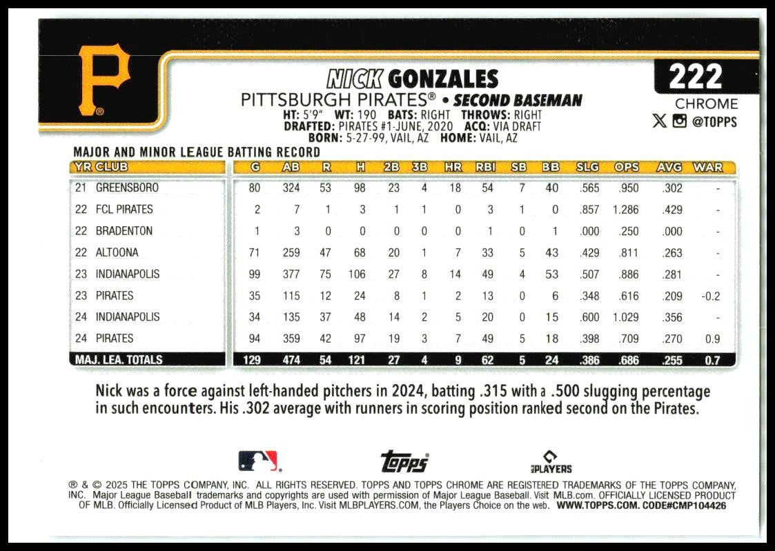 2025 Topps X-Fractor #542 Nick Gonzales Pittsburgh Pirates