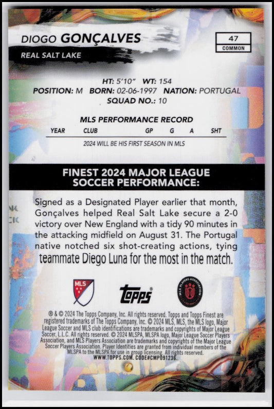 2024 Finest MLS #47 Diogo Gonçalves Checkerboard Refractor