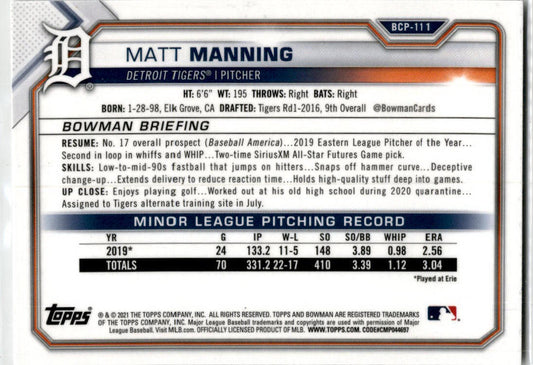 2021 Bowman Chrome Chrome Prospects Mojo Refractor #BCP-111 Matt Manning Tigers