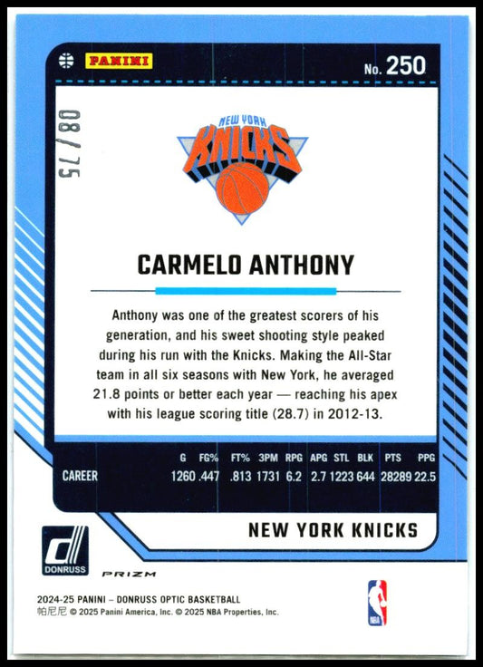 2024-25 Donruss Optic Blue Shimmer /75 #250 Carmelo Anthony New York Knicks