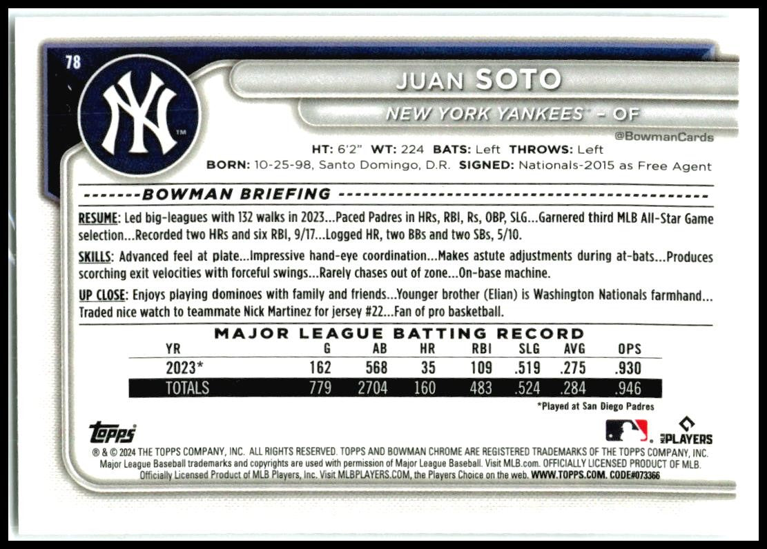 2024 Bowman Chrome Mojo Refractors #78 Juan Soto New York Yankees