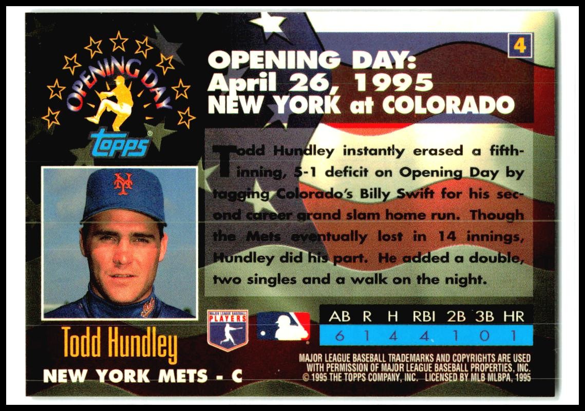 1995 Topps Opening Day #4 Todd Hundley New York Mets