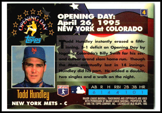 1995 Topps Opening Day #4 Todd Hundley New York Mets