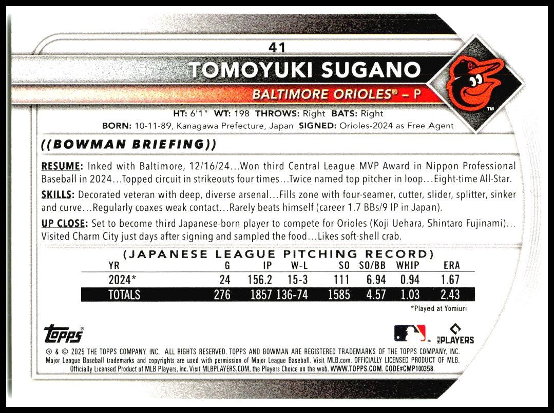 2025 Bowman #41 Tomoyuki Sugano Rookie Baltimore Orioles
