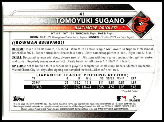 2025 Bowman #41 Tomoyuki Sugano Rookie Baltimore Orioles