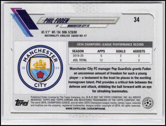 2020-21 Topps Chrome UEFA Champions League #34 Phil Foden