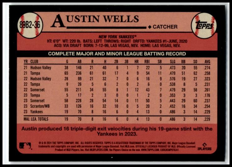 2024 Topps 1989 Topps Baseball 35th Anniversary ( #89B2-36 Austin Wells Yankees