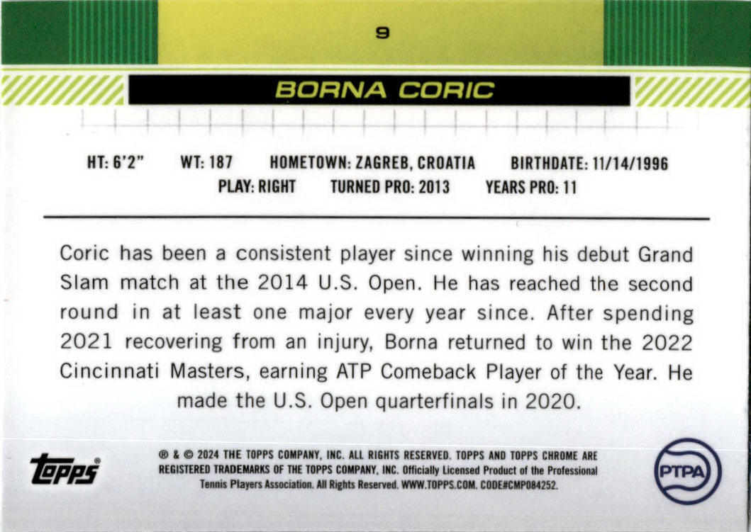 2024 Topps Chrome Tennis Purple #9 Borna Coric
