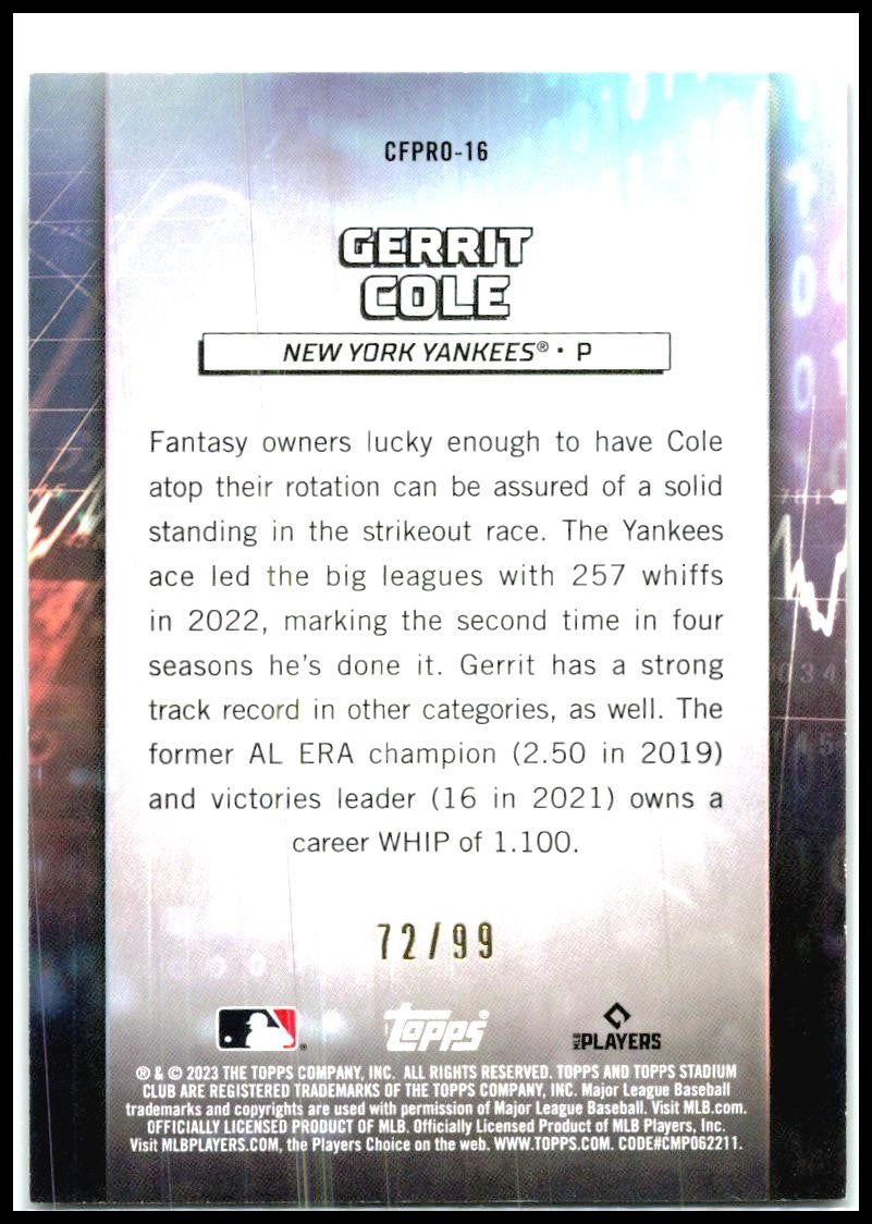 2023 Stadium Club Chief Fantasy Professionals #CFPRO-16 Gerrit Cole Yankees