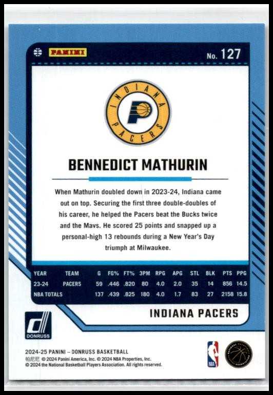 2024-25 Donruss Cubic #127 Bennedict Mathurin #/175 Indiana Pacers