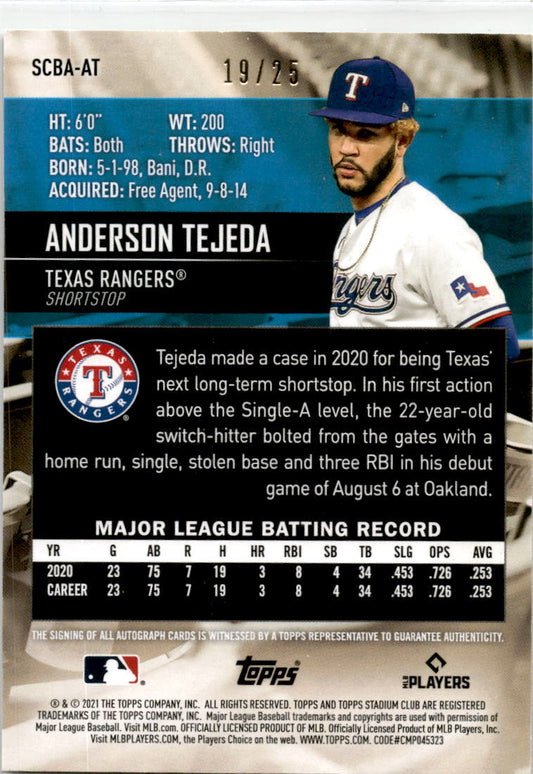 2021 Stadium Club #232 Anderson Tejeda 19/25 Auto Texas Rangers