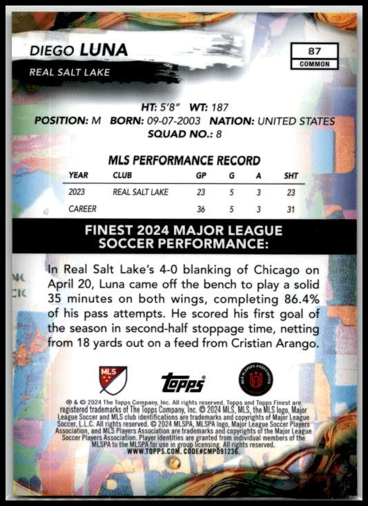 2024 Topps Finest MLS #87 Ddiego Lunda Real Salt Lake