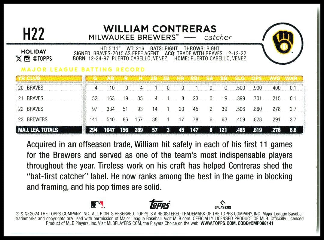 2024 Topps Holiday #H22 William Contreras Milwaukee Brewers