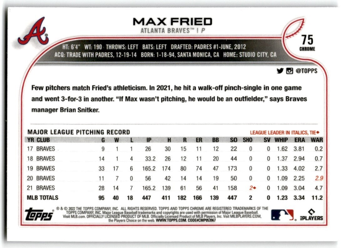 2022 Topps Chrome Prism Refractor Max Fried Atlanta Braves #75