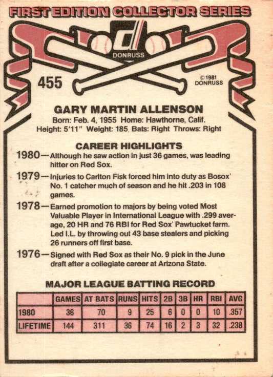 1981 Donruss #455 Gary Allenson Boston Red Sox