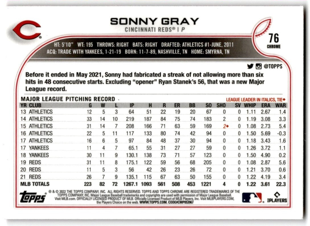 2022 Topps Chrome Pink Refractor Sonny Gray Cincinnati Reds #76