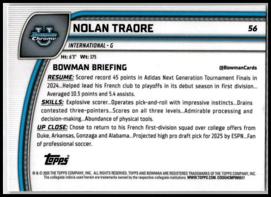 2024-25 Bowman University Chrome Purple Lava Refractor #56 Nolan Traore