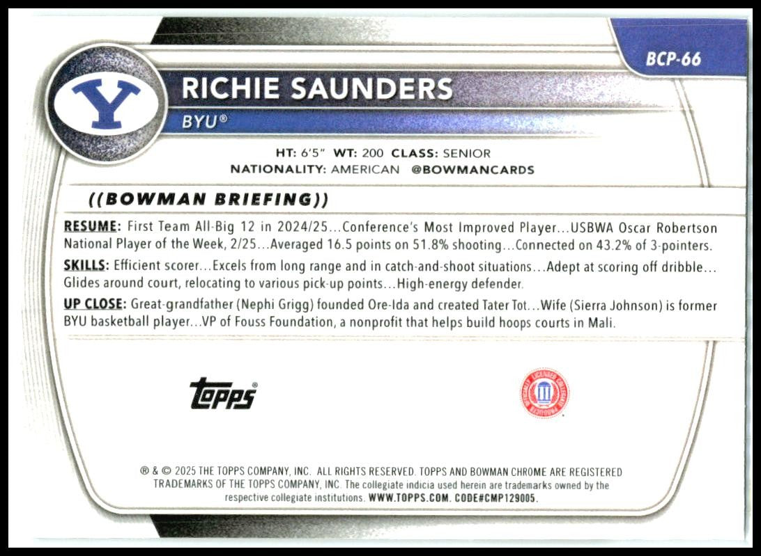 2025-26 Bowman Chrome Prospects #BCP-66 Richie Saunders BYU Cougars