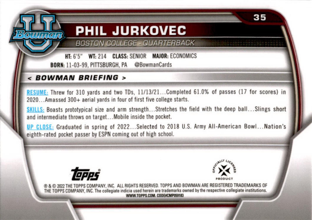 2022 Bowman Chrome University #35 Phil Jurkovec Boston College Eagles