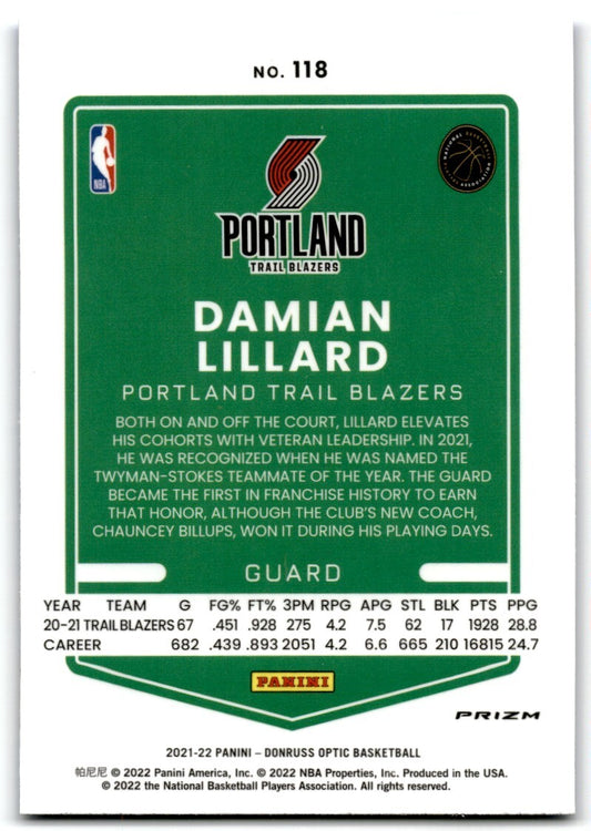 2021-22 Donruss Optic Blue Velocity Damian Lillard Portland Trail Blazers #118