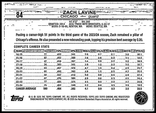 2024-25 Topps Chrome Pink Refractor #84 Zach Lavine Chicago Bulls