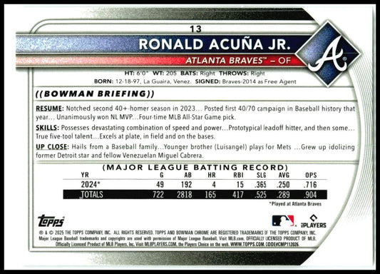 2025 Bowman Chrome #13 Ronald Acuña Jr. Atlanta Braves