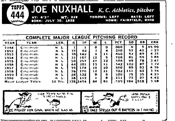 1961 Topps #444 Joe Nuxhall Kansas City Athletics