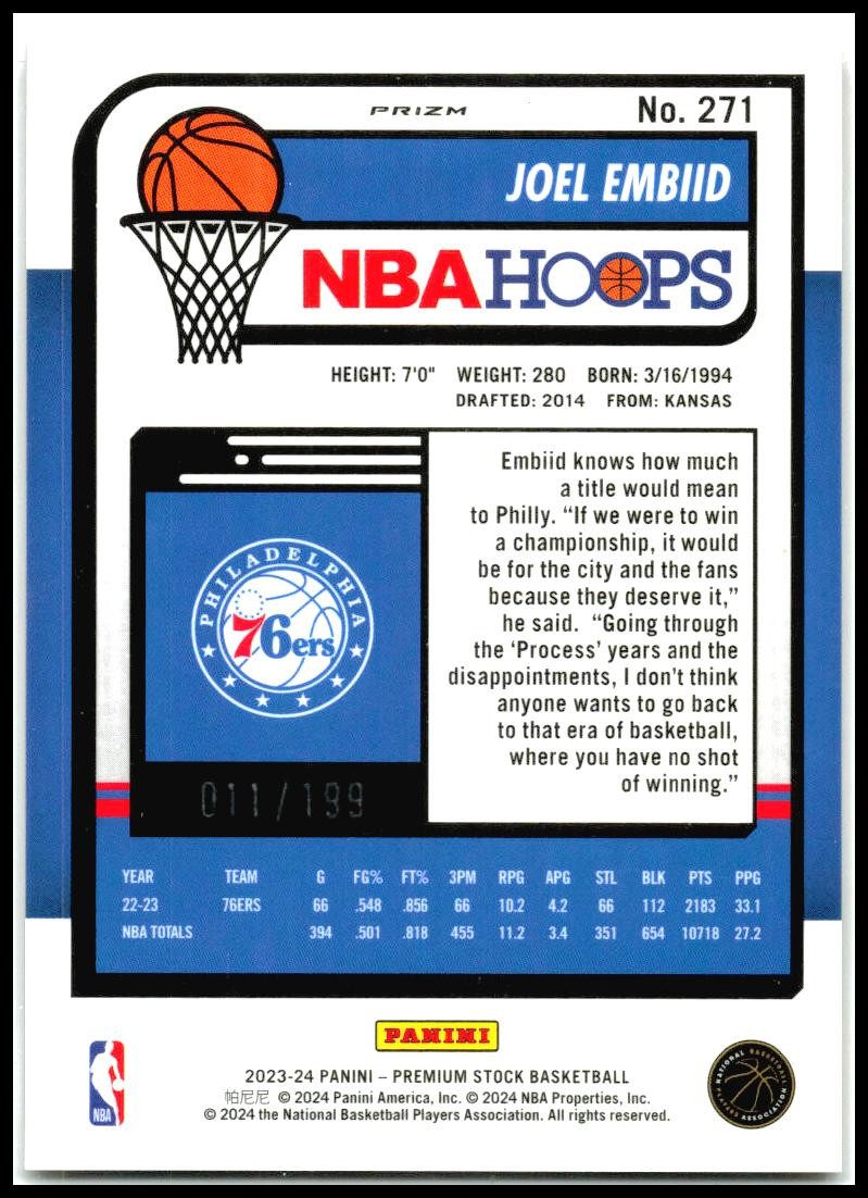 2023-24 Hoops Premium Stock Red Seismic Prizm #271 Joel Embiid 76ers
