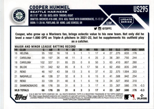 2023 Topps Update Orange and Black Foil #US295 Cooper Hummel Seattle Mariners