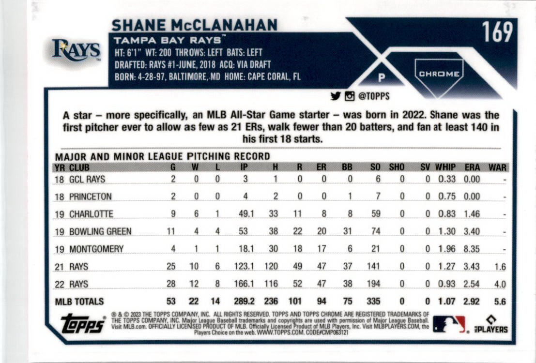 2023 Topps Chrome Pink Refractor #169 Shane McClanahanTampa Bay Rays