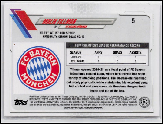 2020-21 Topps Chrome UEFA Champions League #5 Malik Tillman