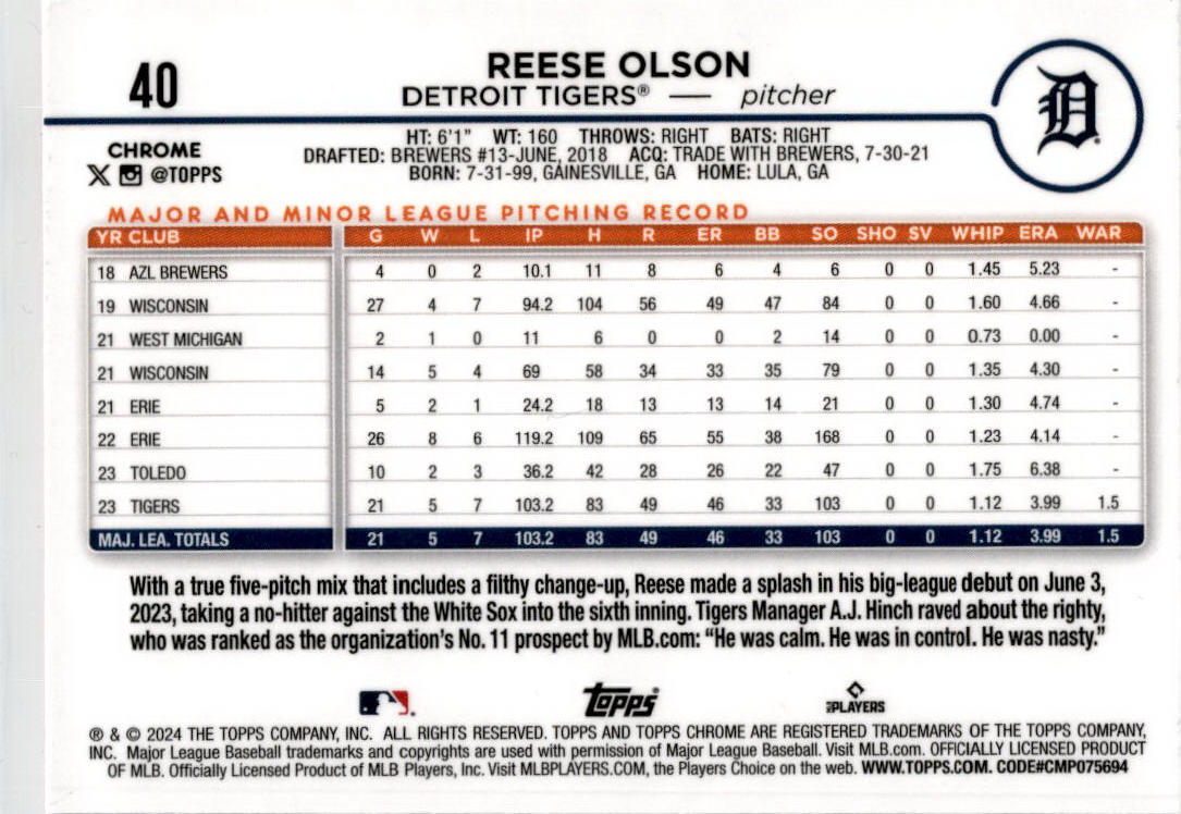 2024 Topps Chrome Pink Refractors #40 Reese Olson Rookie Detroit Tigers
