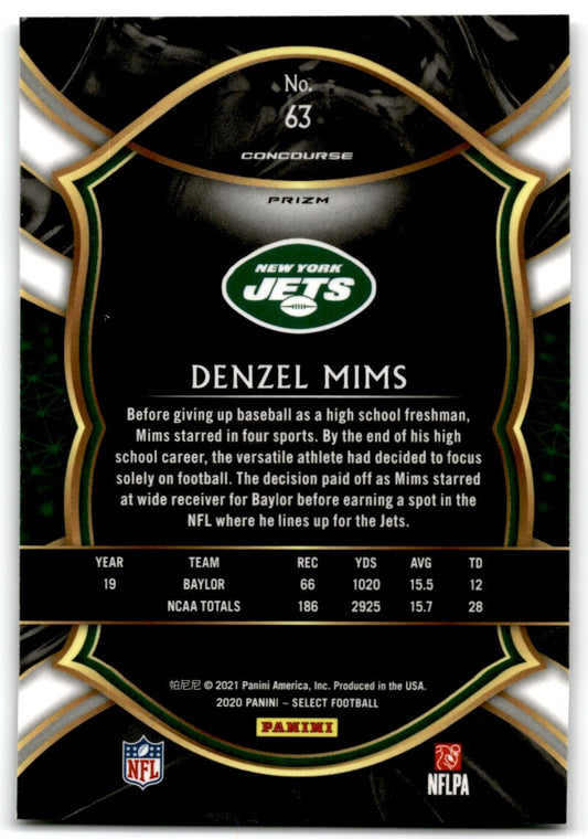 2020 Panini Select Denzel Mims Rookie New York Jets #63