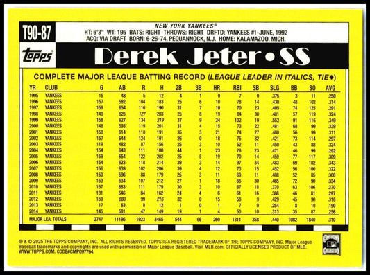 2025 Topps 1990 Topps 35th Anniversary #T90-87 Derek Jeter New York Yankees